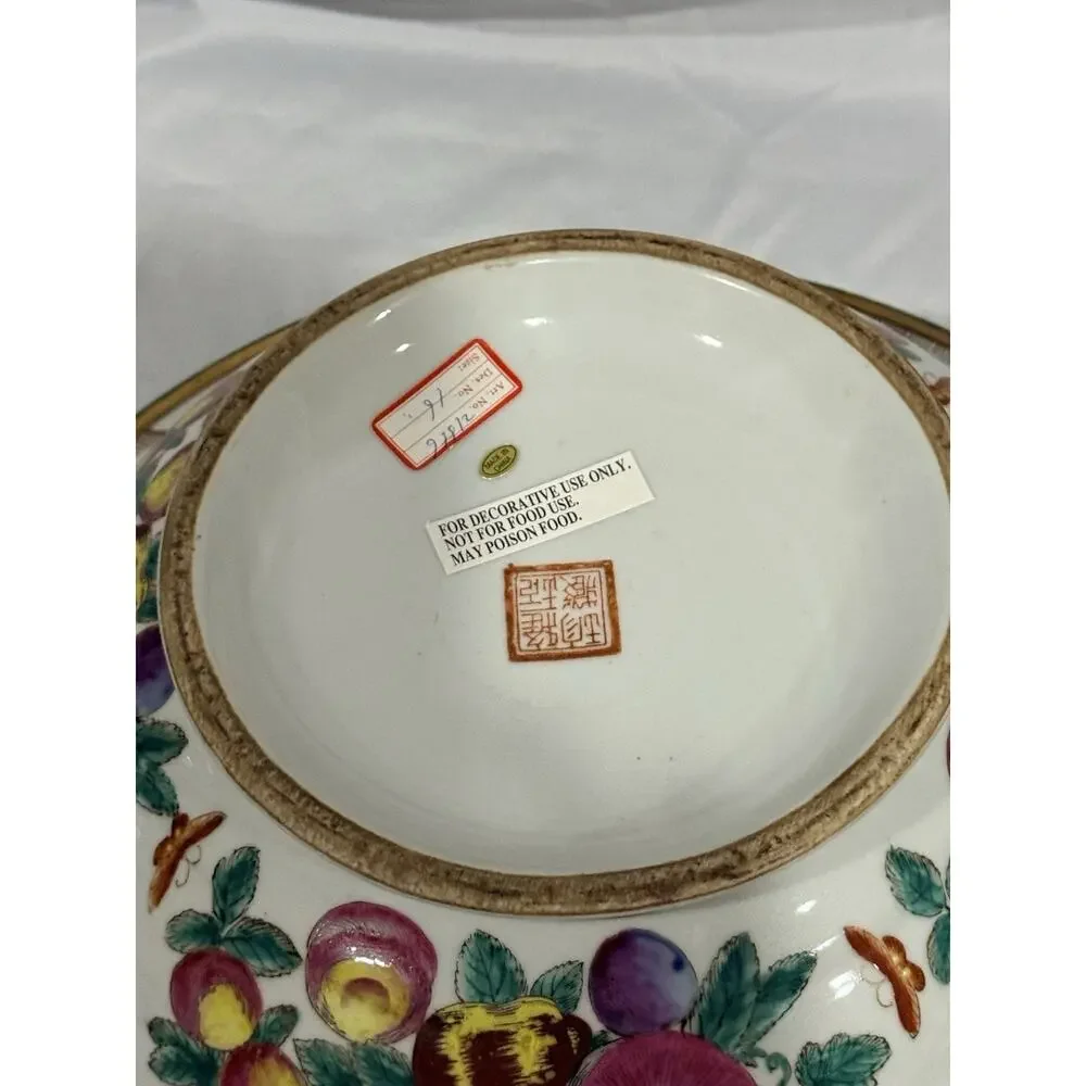 Large Chinese Famille Rose Decorative Porcelain Fruit & ButterflyBowl with Stand